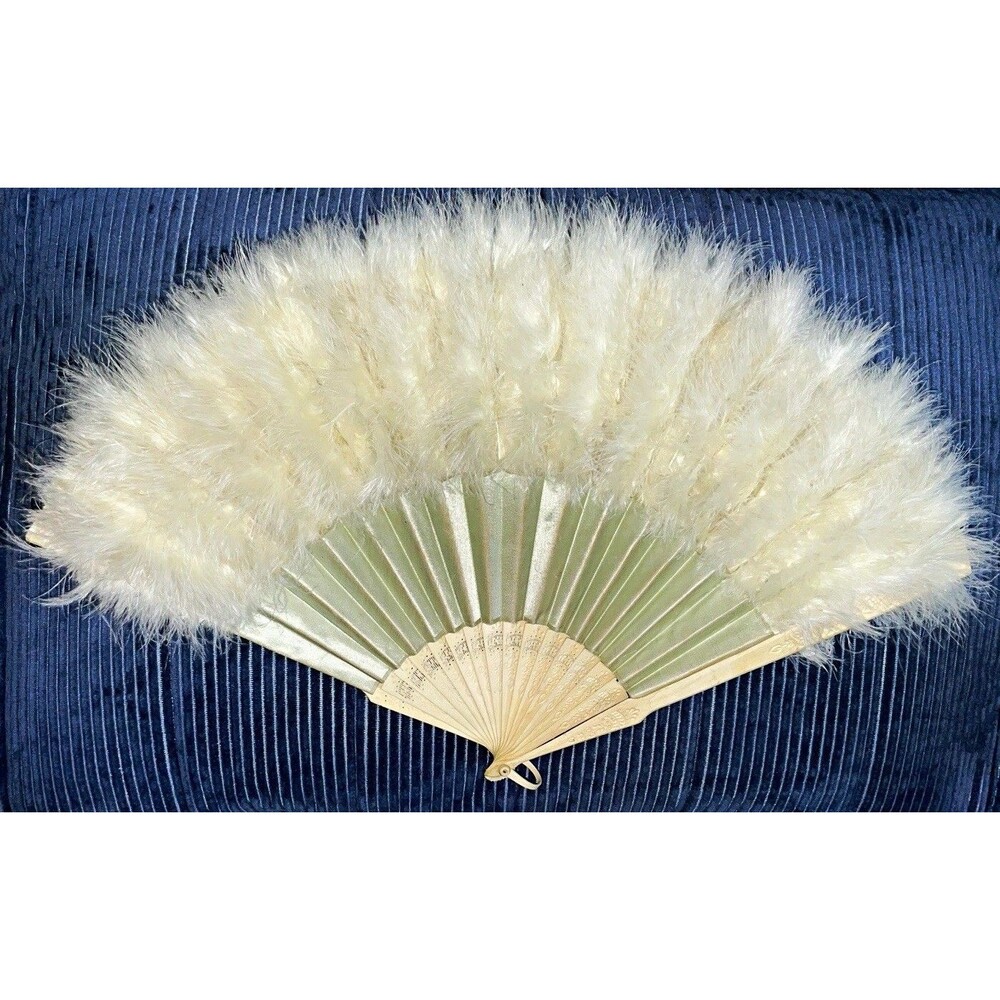 Vintage White Marabou Feather Fan Celluloid Gatsby Flapper Boudoir 19in